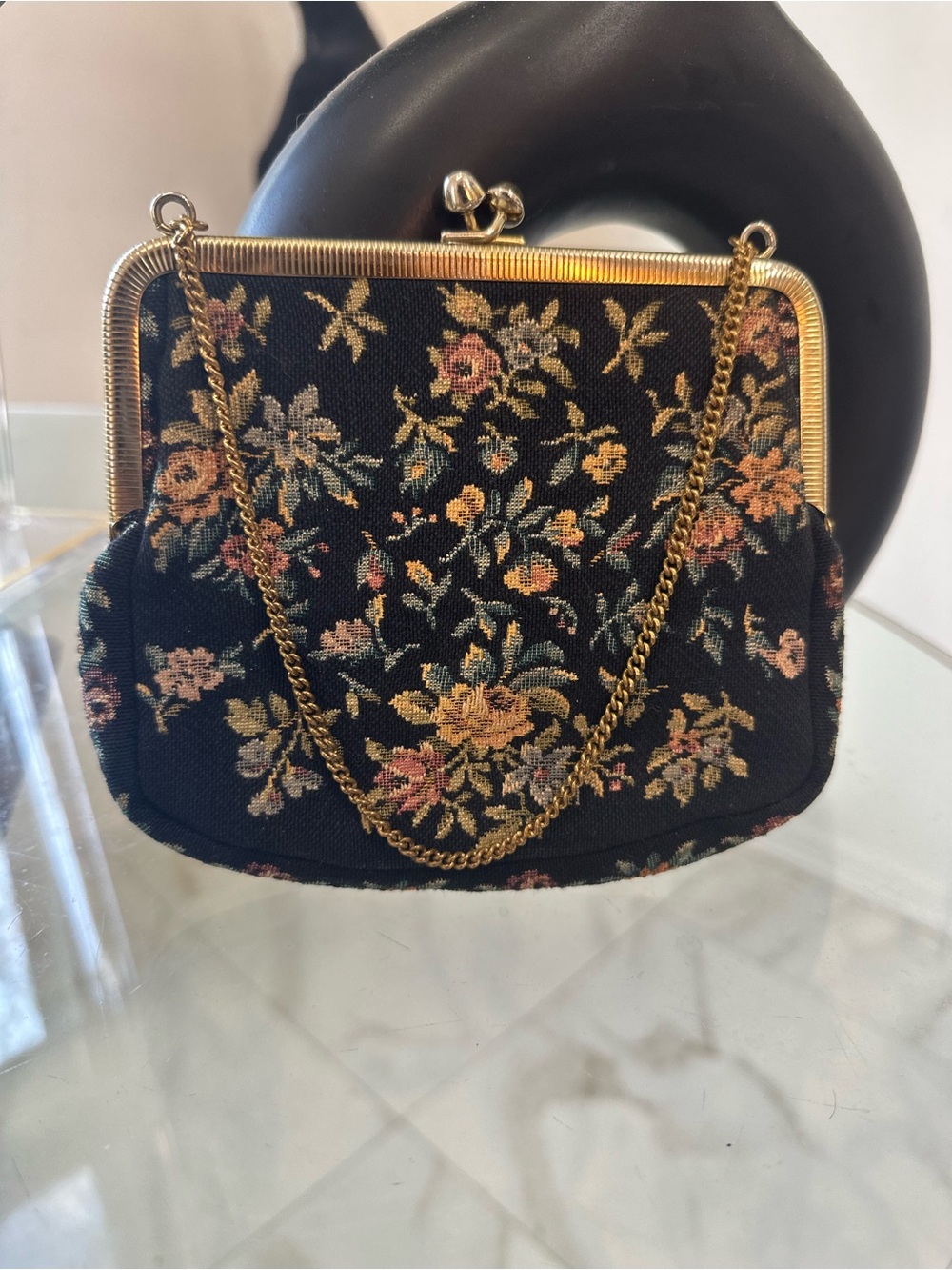Floral Tapestry Frame Clutch with Gold-Tone Chain - Black Multicolor